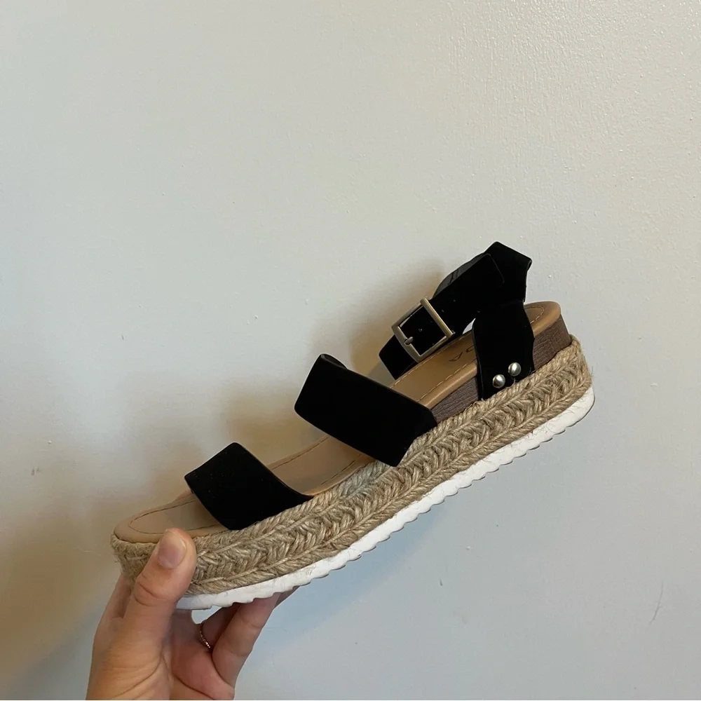 Soda black tan espadrille platform sandal women’s size 9 strappy ankle buckle